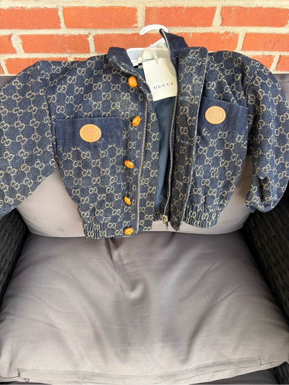 Gucci Kids Dark Blue Monogram Denim Jacket with Tan Buttons